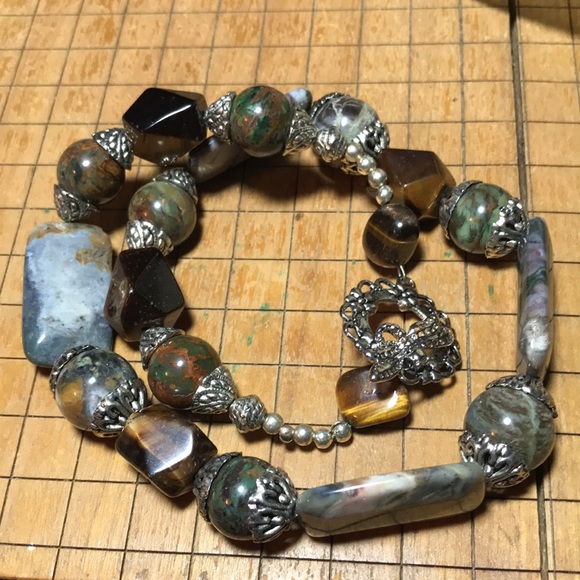 Semiprecious Jasper Tigers Eye Stone 19”L Necklace Toggle Clasp Handmade EVC - Picture 10 of 11